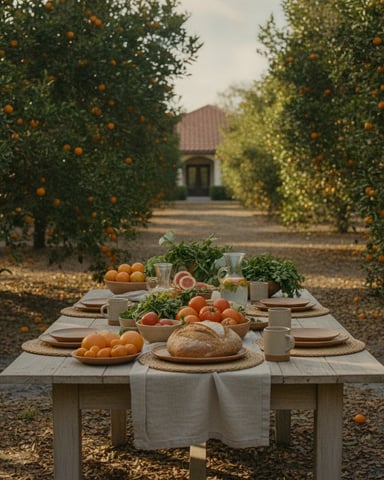 Long wooden table set with fresh produce and bread in an orange grove, villa visible in distance