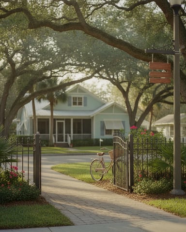 Tree-lined driveway with iron gate leading to pale blue house, bicycle parked on lawn, red flowers in landscaping