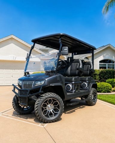 Black golf cart parked on driveway in front of white single-story house with garage