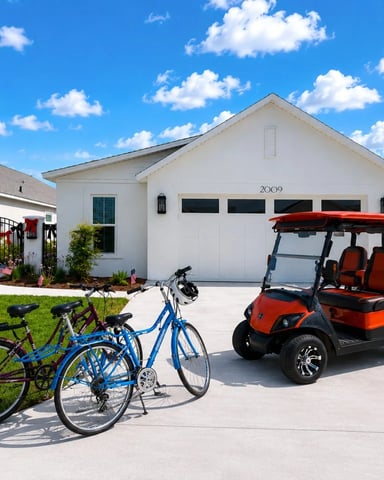 White single-story house with red golf cart and blue bicycles on driveway under blue sky